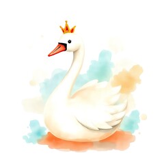 Fototapeta premium Elegant Crowned Swan - Whimsical Watercolor Illustration, Queen Swam, Princess, King, Birthday decoration, clipart 