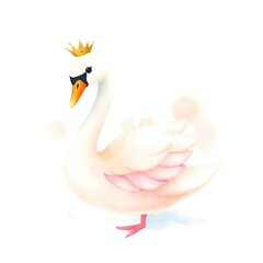 Fototapeta premium Elegant Crowned Swan - Whimsical Watercolor Illustration, Queen Swam, Princess, King, Birthday decoration, clipart 