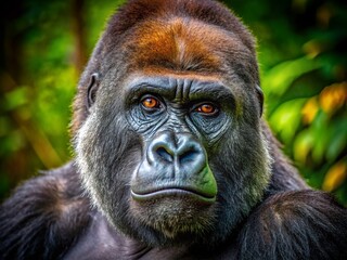 Obraz premium Majestic Gorilla with Steady Gaze Captured in High Depth of Field Against a Clear Background, Showcasing the Strength and Serenity of This Iconic Primate in Nature