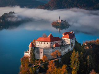 Bled, Slovenia - Aerial view of beautiful Bled Castle (Blejski Grad) with Lake Bled (Blejsko...