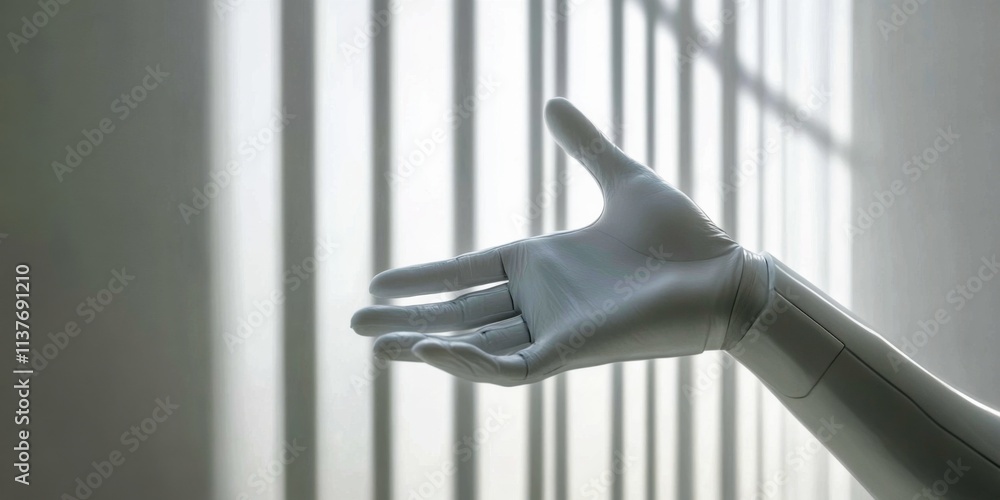 Poster a futuristic robotic hand reaches out in a modern setting. light filters through vertical bars creat