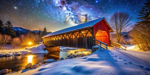 Breathtaking snowy scene: Blow-Me-Down Bridge, Plainfield, NH, illuminated under a starry sky.