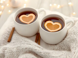 Two cozy mugs of tea topped with heart-shaped cookies, resting on a soft blanket, creating a warm, romantic atmosphere.