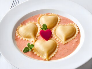 A romantic pasta dish featuring heart-shaped ravioli on a pink sauce, garnished with mint and a red heart-shaped decoration.