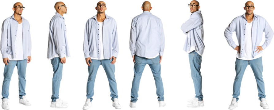 Set of images of young stylish young bald man wearing casual style clothes standing isolated on transparent background. Profile, front and back view. Concept of youth, fashion