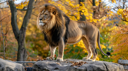 Majestic lion stands on rock, autumn trees background.