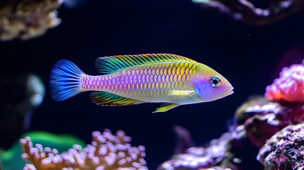 Fototapeta premium A photo of a tropical fish swimming in a brightly lit aquarium with coral.