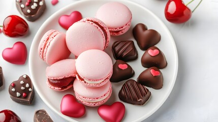 A plate filled with pink macarons and assorted heart-shaped chocolates, perfect for celebrating love and special occasions.