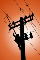 Silhouette of power lineman closing a capacitor for optimize system on energized high-voltage electric power lines.	
