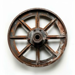 Close up of a rusty wheel with eight spokes and a central hub, isolated on a white background, emphasizing its age and industrial history