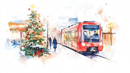 Obraz premium Christmas City Tram: A Festive Watercolor Painting of a Winter Commute