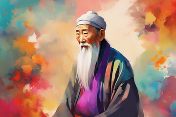 Fototapeta premium A colorful digital painting of an elderly man with a long beard and gentle facial features, wearing a simple, elegant outfit. The background is vibrant with abstract splashes of warm and cool colors.