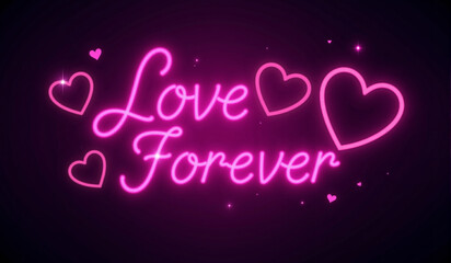 A glowing pink neon "Love Forever" sign surrounded by bright heart shapes and sparkles on a dark background, creating a romantic and dreamy vibe.