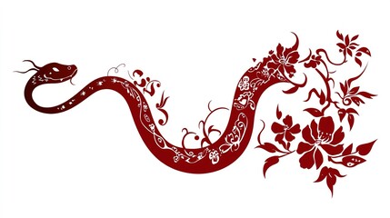 Obraz premium A vibrant red snake adorned with floral patterns in a paper-cut style, set against a clean white background, represents the artistic design of the 2025 Lunar New Year zodiac. This abstract marketing b
