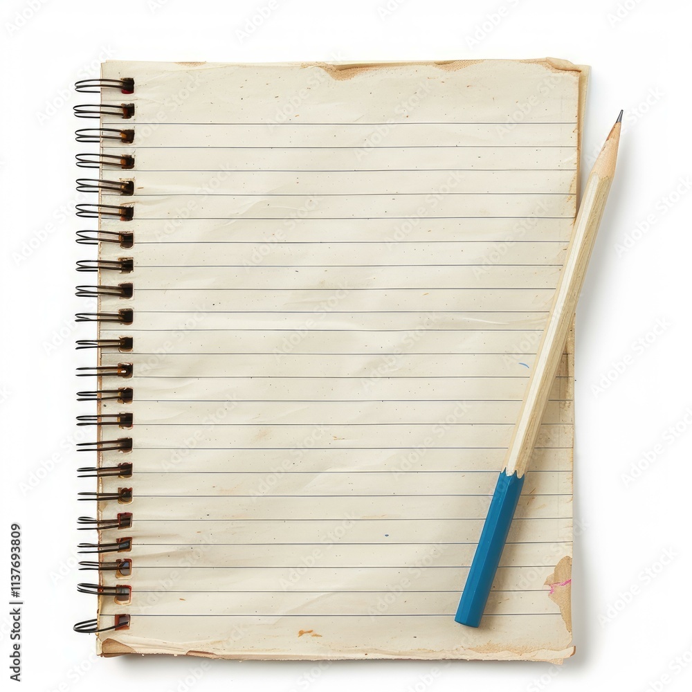 Poster grunge style blank notepad with pencil resting on top, isolated on white background