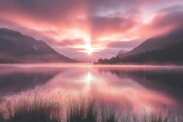 Fototapeta premium At sunset, close-up planet Mars has mountains and water with a starry sky panorama. Stock image.. Beautiful simple AI generated image