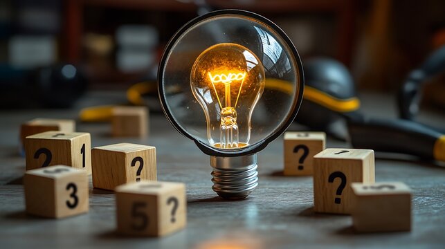 Light bulb icon under a magnifying glass and wood blocks