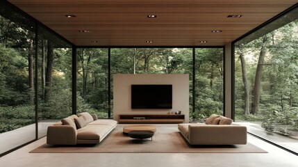 Fototapeta premium Modern Living Room with Panoramic Forest View