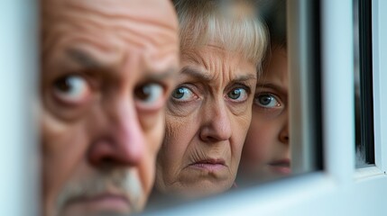 Surveillance of suspicion family members peering out from a window home candid photography indoor close-up tension