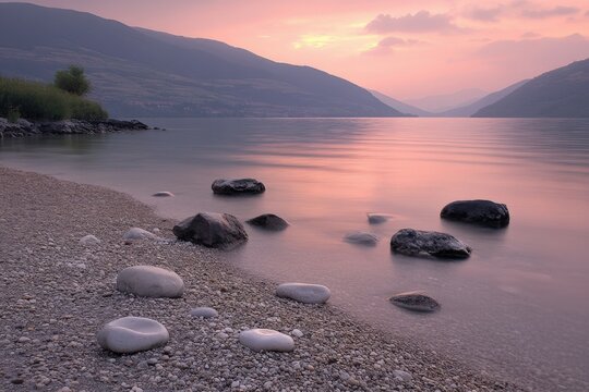 At sunset, close-up planet Mars has mountains and water with a starry sky panorama. Stock image.. Beautiful simple AI generated image