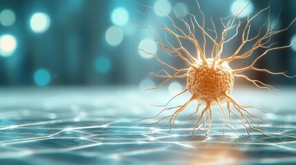 Obraz premium A detailed digital illustration depicting a highly detailed 3D rendering of a human neuron cell on a futuristic, digital background.