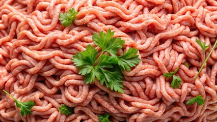 Drone's-eye view:  raw ground chicken meat, a vibrant heap, captured in high-resolution food photography.