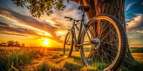 Fototapeta premium Sunset Bike Wheel Gears, Rule of Thirds Photography, Bicycle Mechanics, Golden Hour Cycling