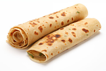 Freshly cooked and fried traditional Asian-style Indian and Pakistani paratha roll and burrito, displayed on a clean white background. Highlighting its golden texture, crispy layers, and rich cultural