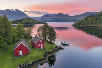 Fototapeta premium At sunset, close-up planet Mars has mountains and water with a starry sky panorama. Stock image.. Beautiful simple AI generated image