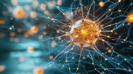 An intricate neural network system is depicted in a futuristic 3D illustration, showcasing a complex web of interconnected neuron plexus cells within a digital background