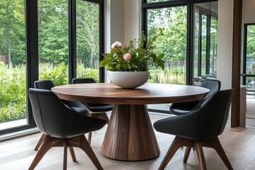 Fototapeta premium Elegant walnut wood dining table with black chairs, round tabletop on pedestal base, fresh flowers in ceramic bowl, modern design with large windows and greenery.
