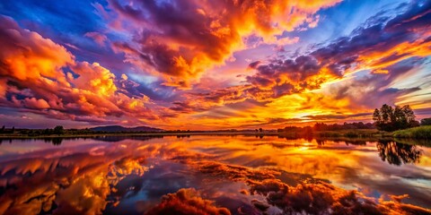 Sunset Double Exposure Photography, Cloudy Sky, Orange Purple Hues, Dramatic Landscape