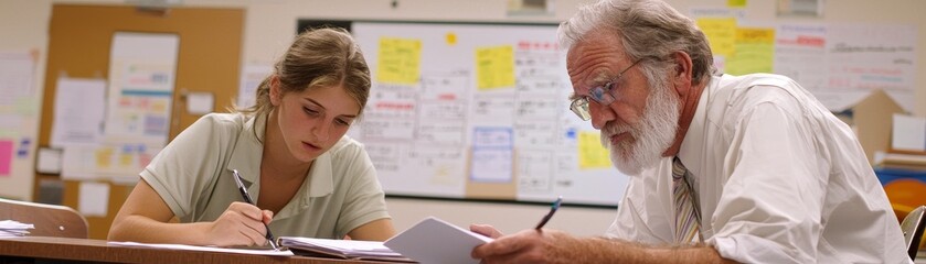 Collaborative learning session between student and mentor in classroom environment focus on education and growth