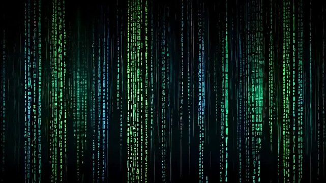 abstract binary background, Wide-Angle Futuristic Digital Grid with Cascading Binary Code