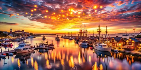 Fototapeta premium Sunset Harbor Bokeh Photography: Golden Hour, Waterfront, Port City, Coastal Scene, Dramatic Sky