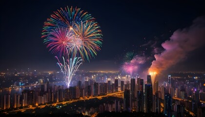 Naklejka premium colorful fireworks at night to welcome new year, a happy New year realistic background 