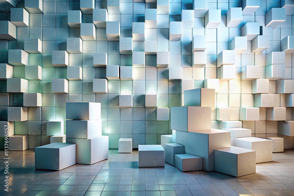 Poster surreal 3d composition of white geometric shapes like cubes and cuboids against a gradient textured 