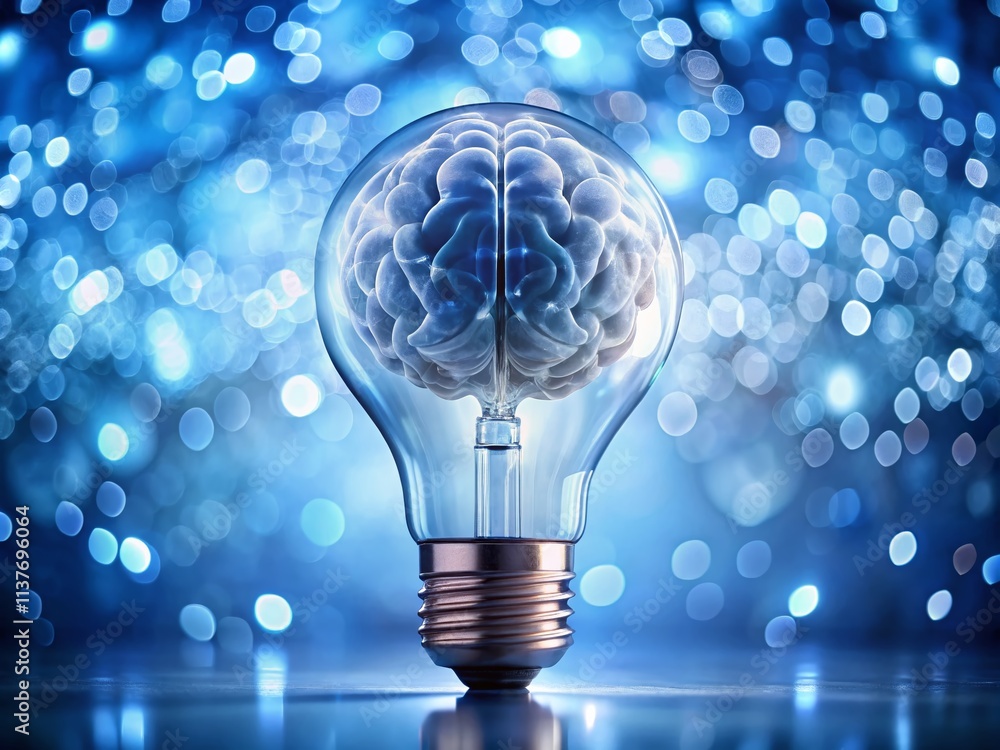 Poster surreal 3d rendering of a glowing brain inside a light bulb with a blue background, symbolizing crea