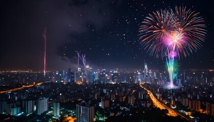 colorful fireworks at night to welcome new year, a happy New year realistic background 