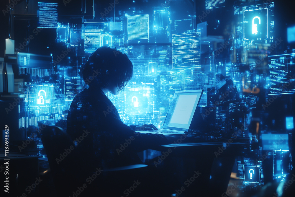 Poster a hacker with a laptop in a dimly lit room, with glowing locks and warning symbols projected around 