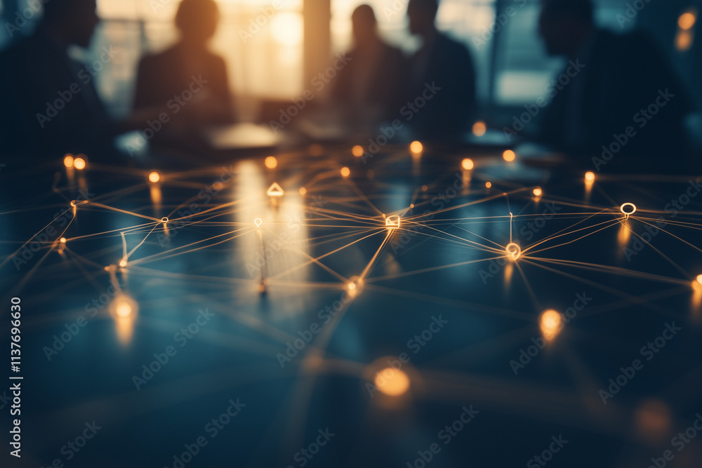Aufkleber a group of businesspeople discussing ideas at a table with digital connection icons floating above, 