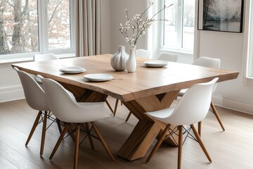 Fototapeta premium Modern dining table with white chairs and wooden base, featuring a large rectangular oak wood tabletop with natural grain texture, minimalist decor.