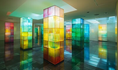 Colorful translucent columns in art gallery with reflective floor.