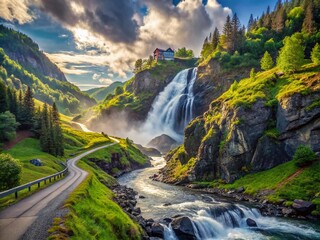 Fototapeta premium Majestic Vinnufossen Waterfall at Dusk: A Breathtaking View of Europe’s Tallest Waterfall Surrounded by Lush Greenery and Dramatic Mountain Landscapes on the Road to Adventure