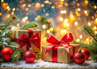 Surreal Christmas Presents: Red Bows, Baubles & Festive Lights - Holiday Season Image