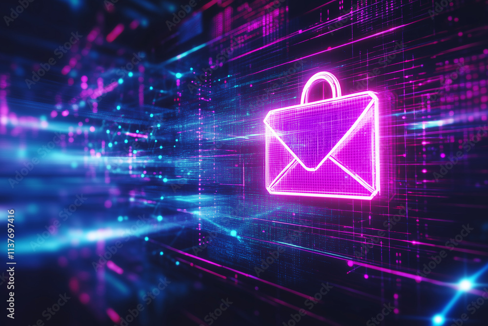 Poster a 3d holographic icon of an encrypted email, featuring a glowing envelope with a padlock symbol over