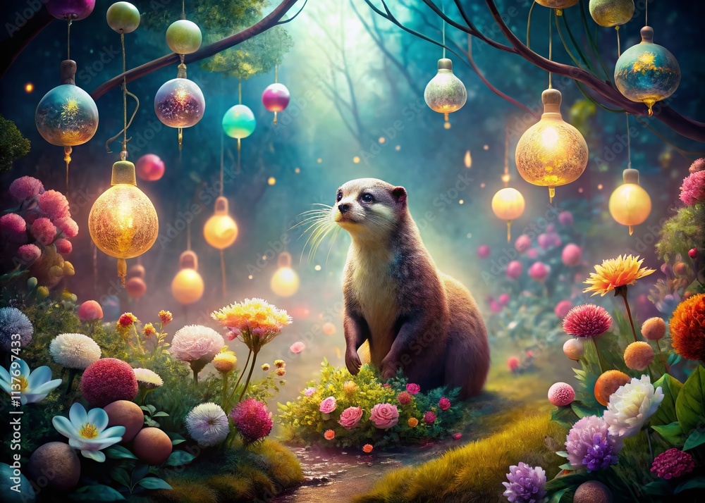 Poster surreal crouching otter in a dreamlike forest environment surrounded by whimsical elements and soft 