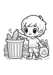 coloring page design boy throws rubbish in its place