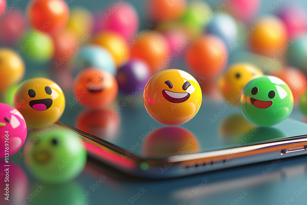 Poster a variety of 3d emojis floating around a phone. minimalist modern background with subtle shadows
