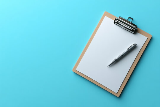 Clipboard, Paper, and Pen Rest on Blue Background Smoothly and Elegantly